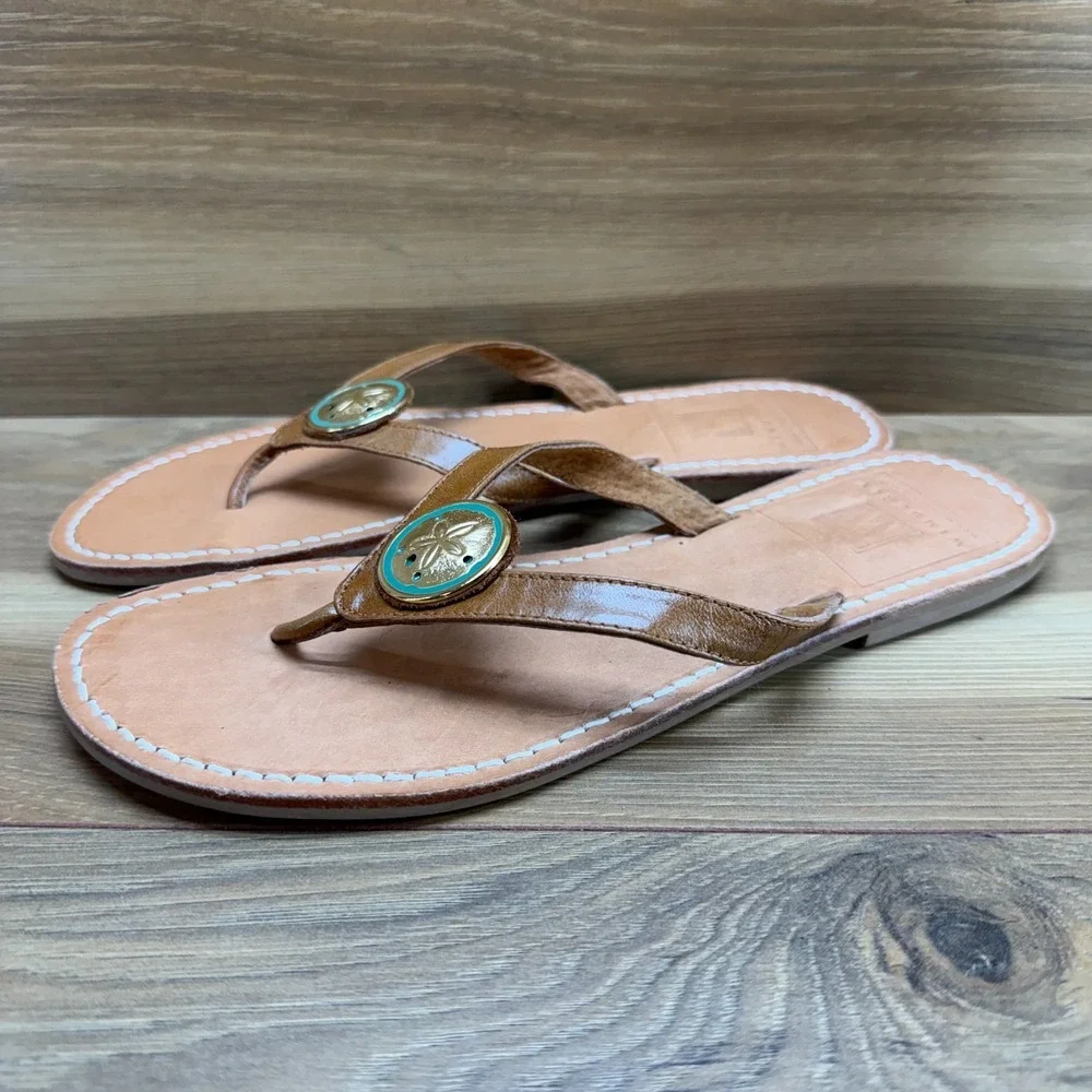 Wimberly Flip Flop Sandals Womens 8 Tan Leather Star Fish Medallion USA Made